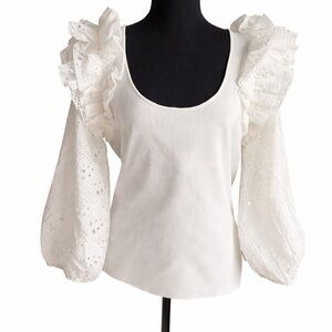 Anthropology White Ruffle Eyelet Sleeve Women's Top